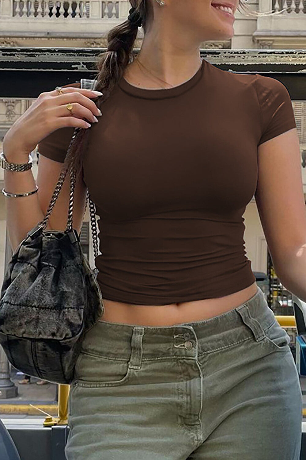 Round Neck Short Sleeve Solid Color Slim Fit Casual T-shirt-Purple