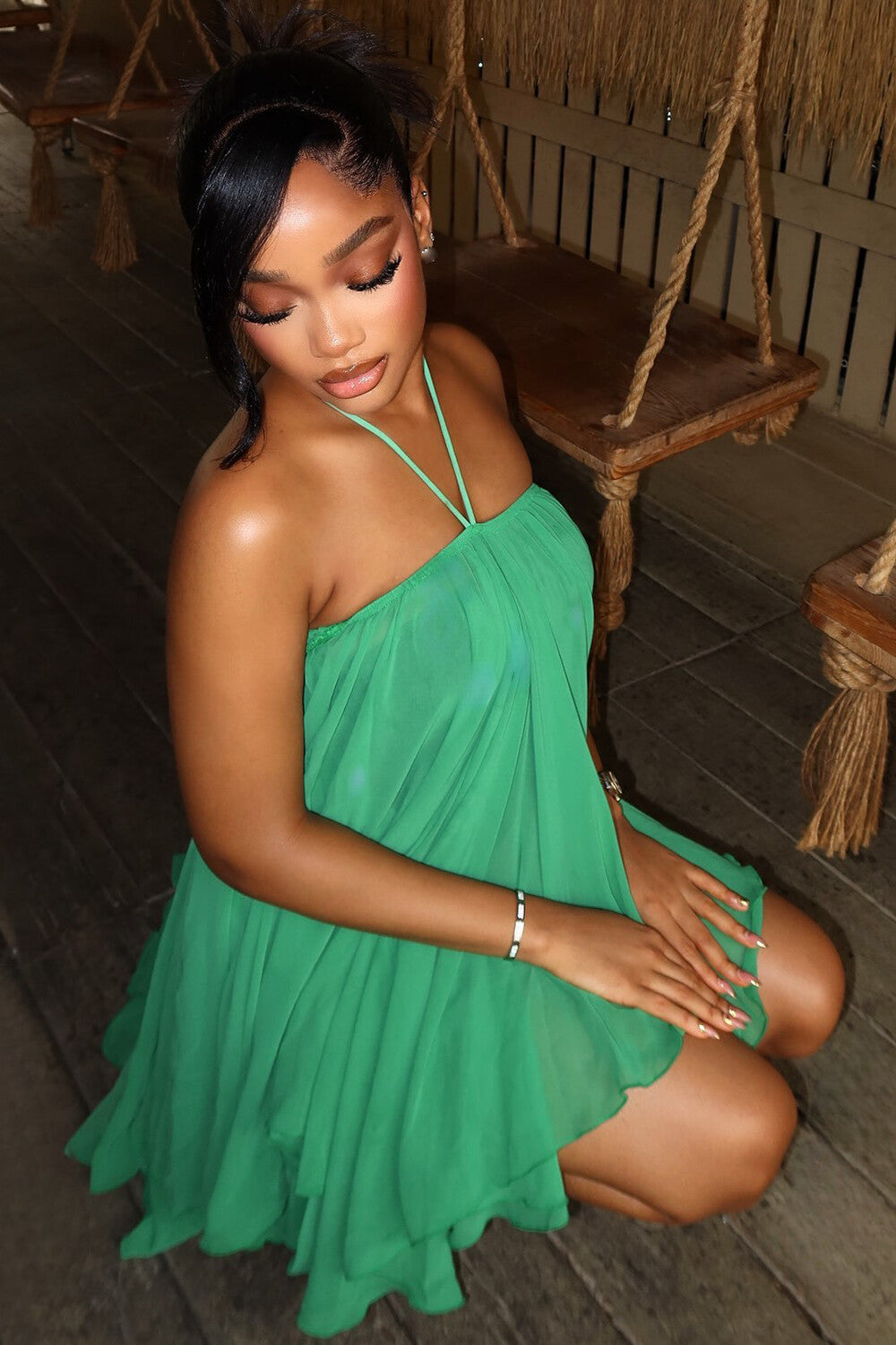 Halter Neck Pleated Solid Color Irregular Mini Dresses-Green