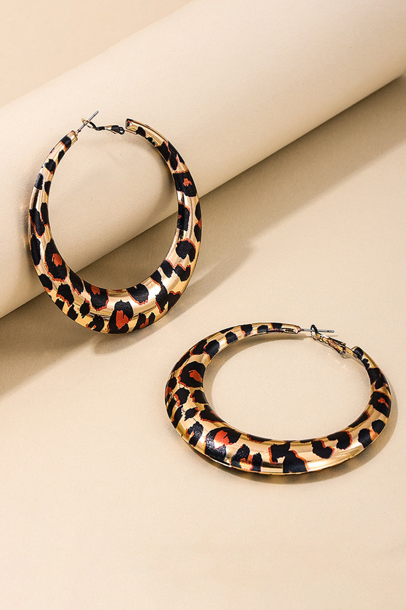 Leopard Print Round Shaped Fashionable Alloy Hoop Earrings