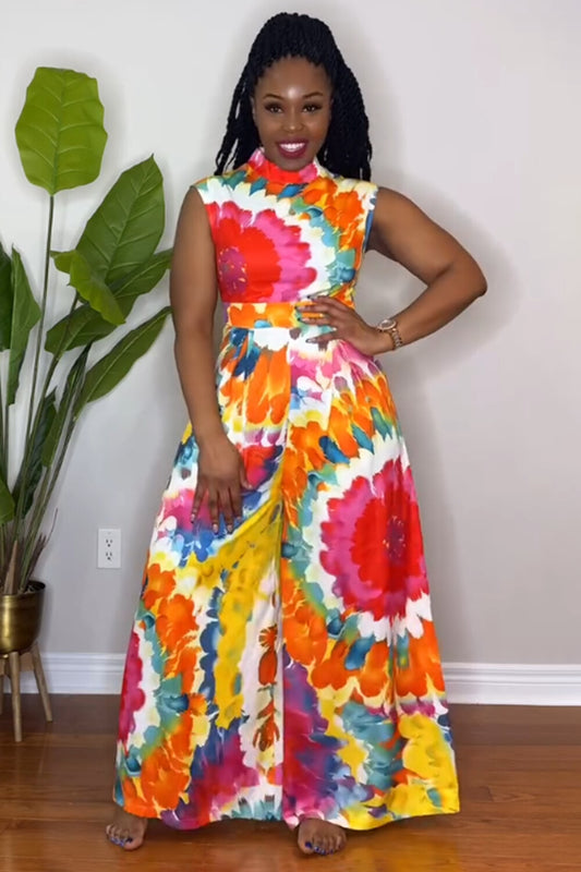 Mock Neck Vest Wide Leg Pants Tie Dye Print 2pcs Set-Multicolor