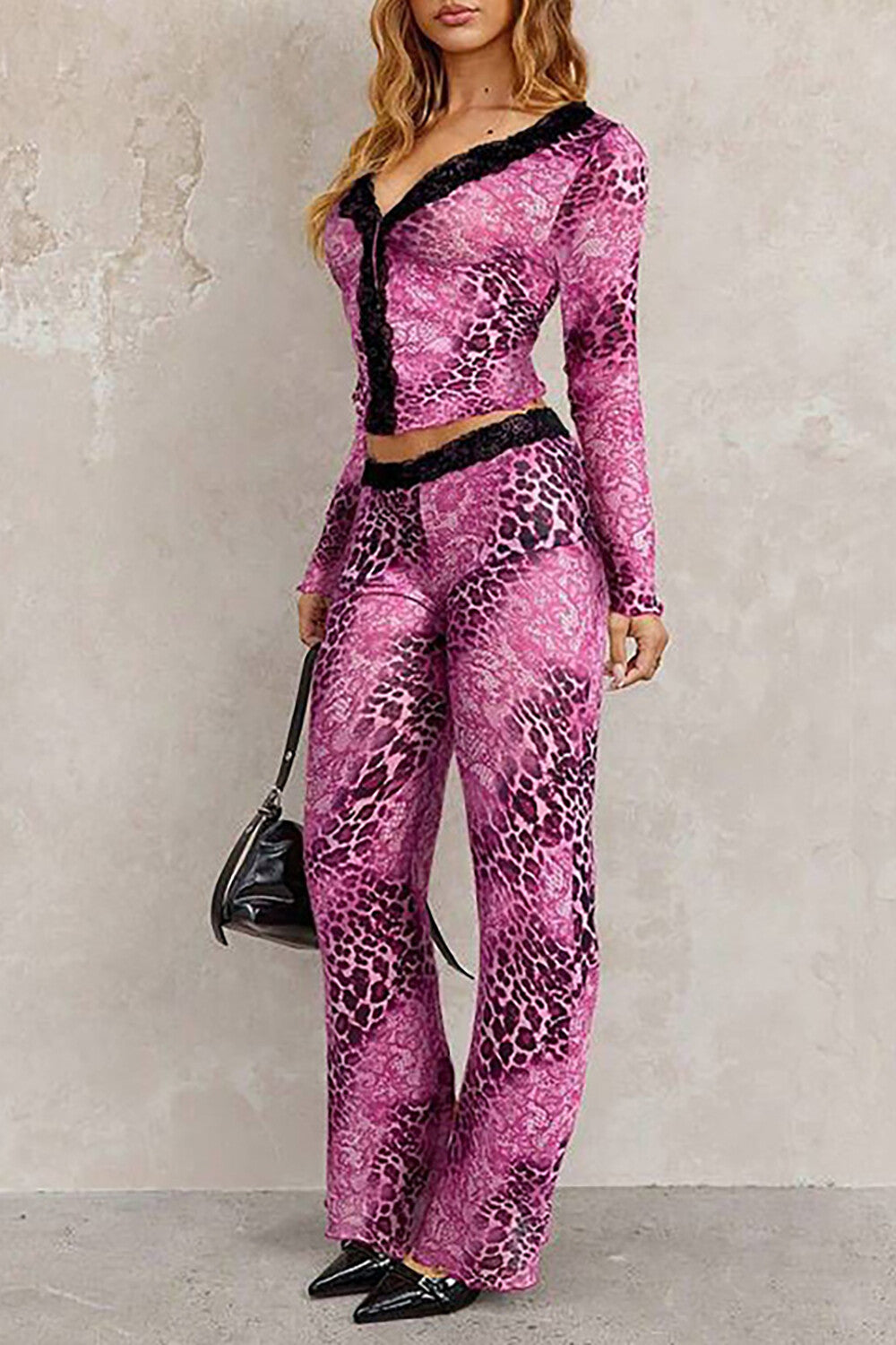 Lace Trim Leopard Print Long Sleeve Top Flared Pants Matching Set-Brown