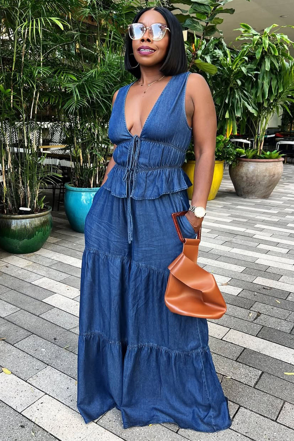 V Neck Peplum Vest Tiered Wide Leg Pants Denim 2pcs Set-Blue [Pre Order]
