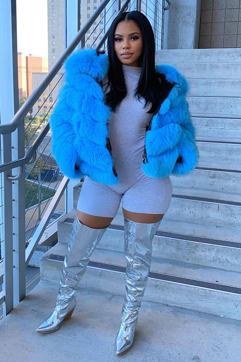 Striped Quilted Long Sleeve Fuzzy Plain Crop Jacket-Blue [Pre Order]