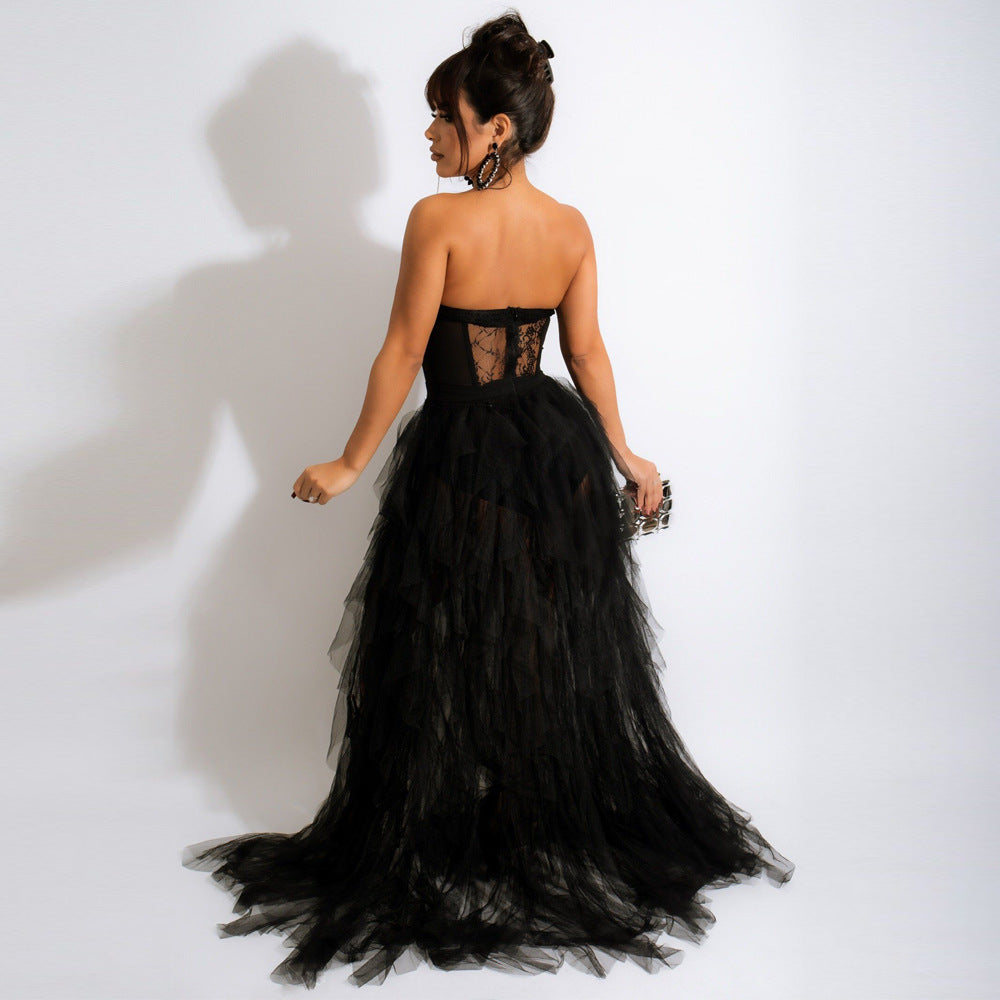 Sexy Sheer Mesh Lace Chest Wrap Dress