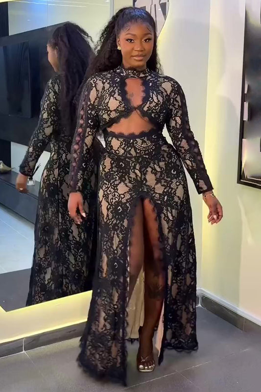 Long Sleeve Cutout Open Back Slit Lace Party Maxi Dresses-Black [Pre Order]