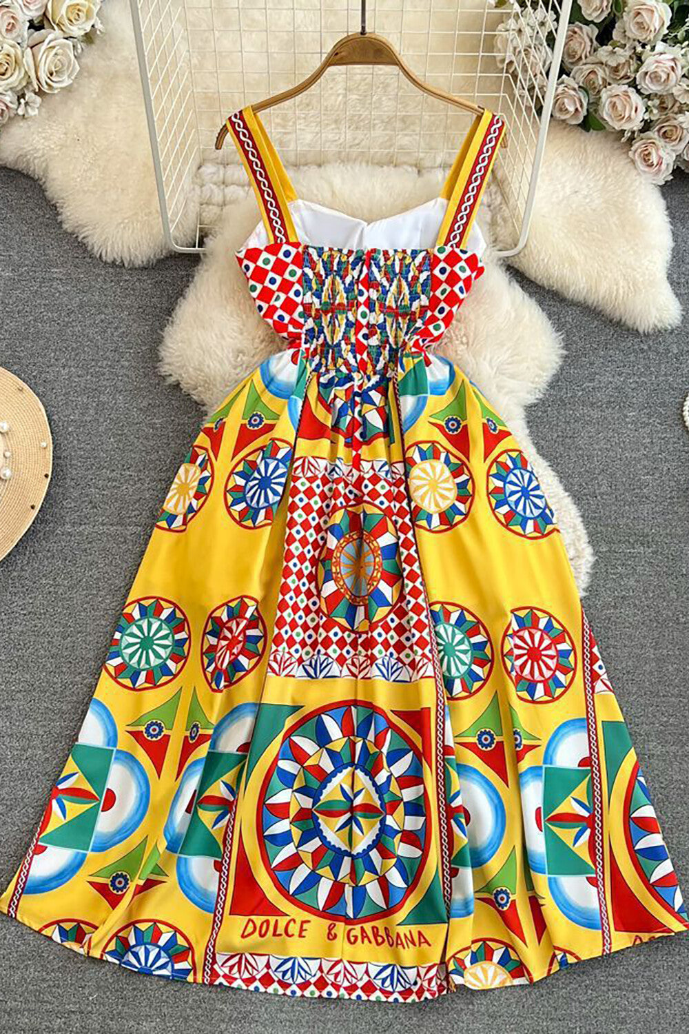 Geometric Print Sweetheart Neckline A-Line Vacation Slip Maxi Dresses-Yellow