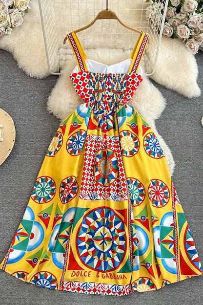 Geometric Print Sweetheart Neckline A-Line Vacation Slip Maxi Dresses-Yellow