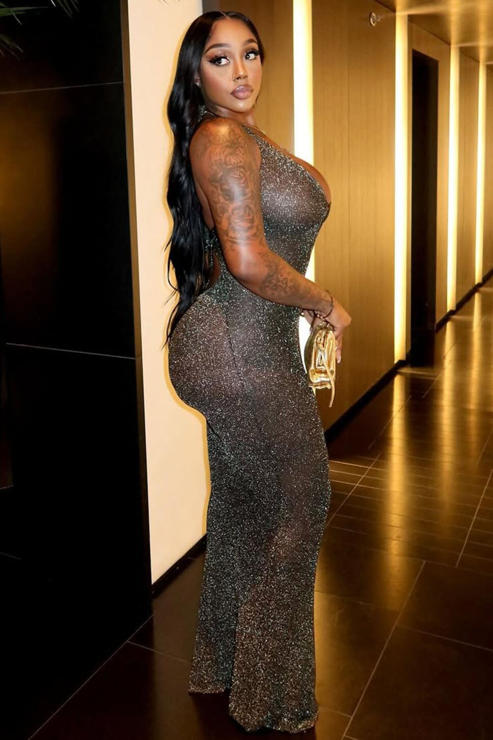 Glitter Mesh See-Through Cutout Bodycon Party Maxi Dresses-Black [Pre Order]