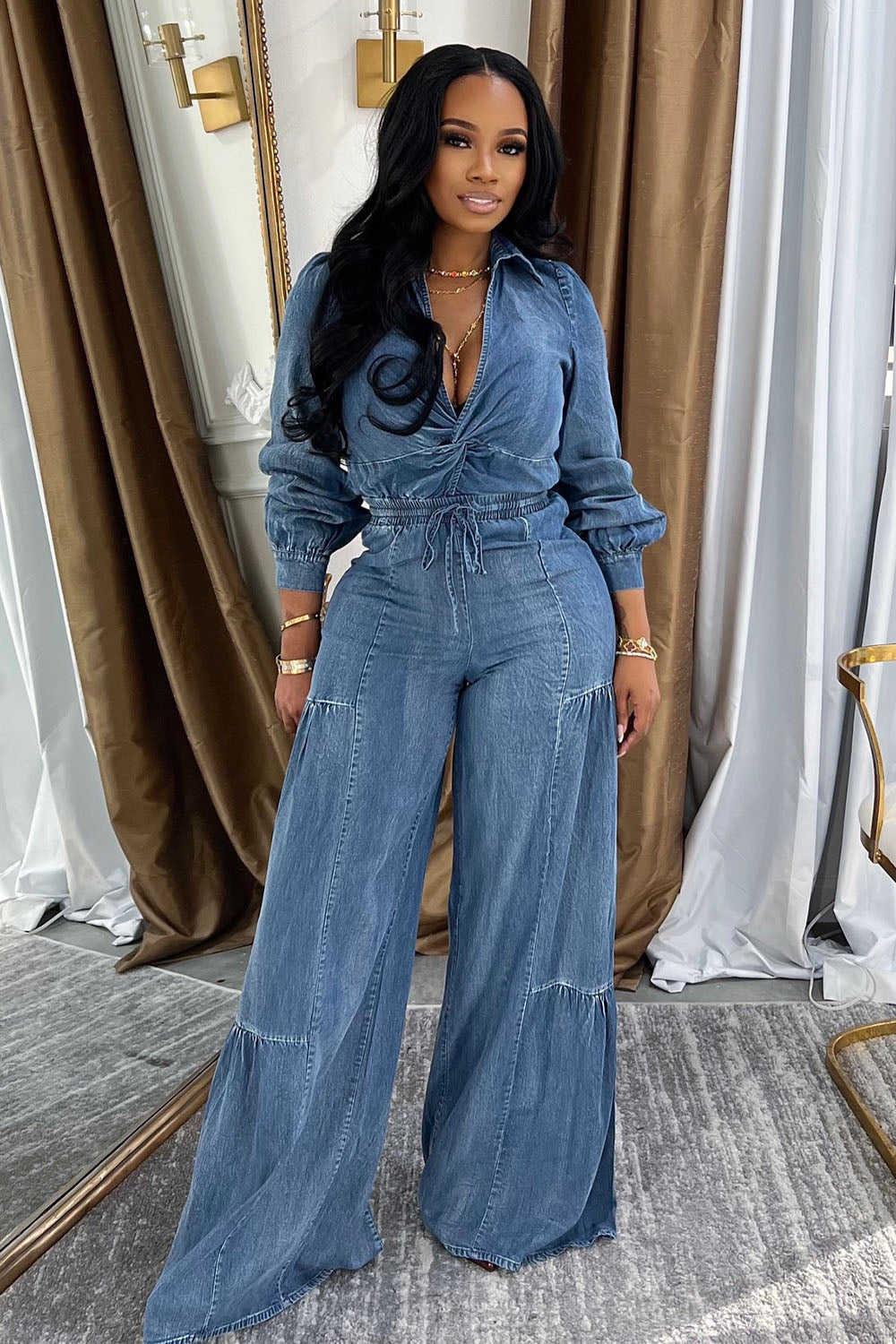 Twisted Blouse Elastic Drawstring Waist Jeans Denim 2pcs Set-Blue [Pre Order]