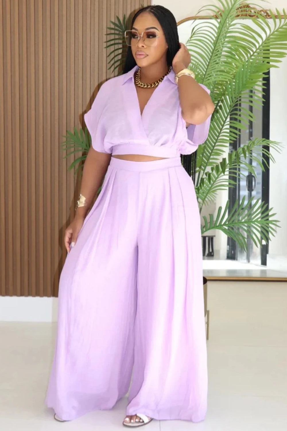 V Neck Dropped Shoulder Blouse Wide Leg Pants 2pcs Set-Pink [Pre Order]