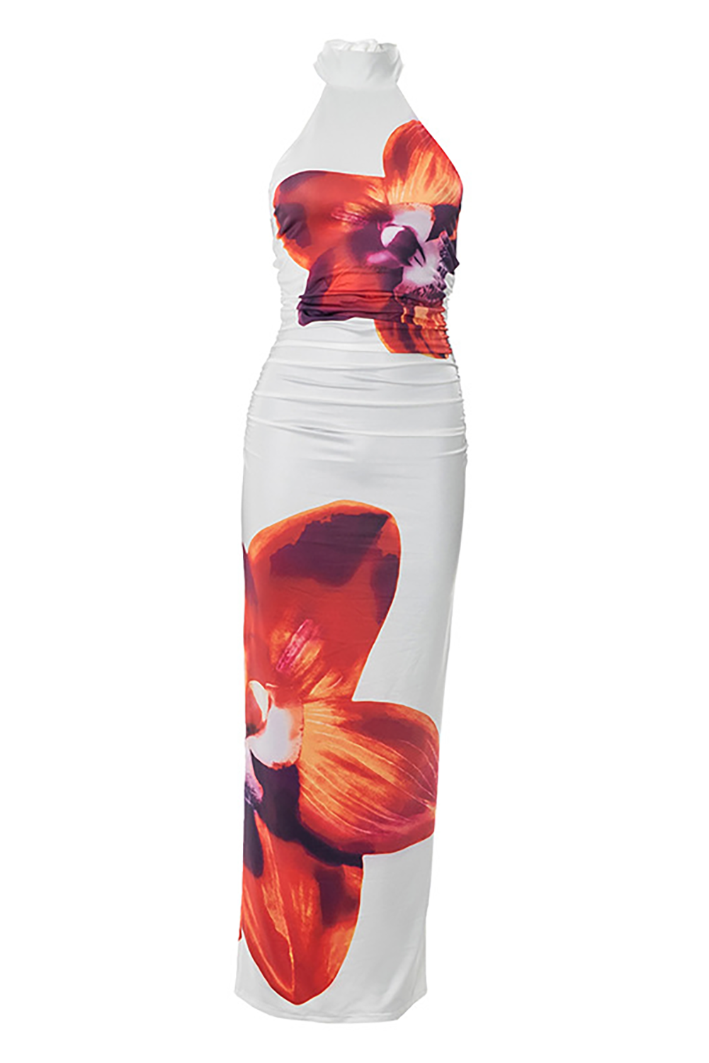 Floral Print Halter Neck Tie Up Backless Bodycon Maxi Dresses-White