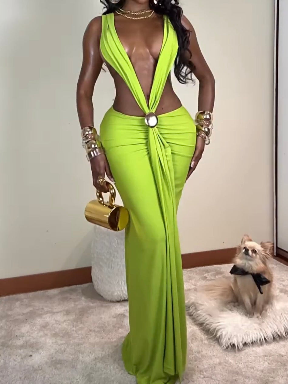 Sexy Deep V-neck Pleated Metal Accessories Buckle Ribbon Dress
