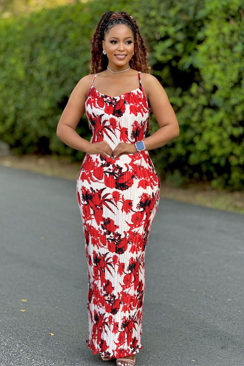 Floral Print Bodycon Vacation Slip Maxi Dresses-Pink