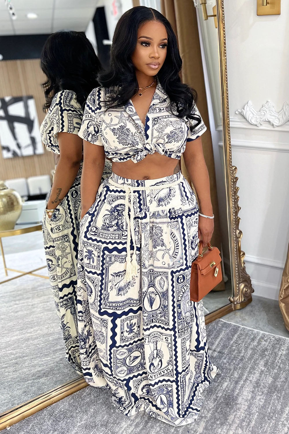 Stamp Print Knotted Blouse Maxi Skirt Vacation 2pcs Set-Beige [Pre Order]
