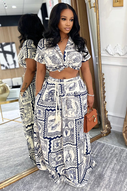Stamp Print Knotted Blouse Maxi Skirt Vacation 2pcs Set-Beige [Pre Order]