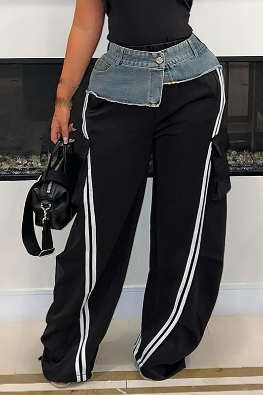 Denim Patchwork High Waist Striped Print Wide Leg Pants-Black