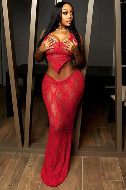 Lace Halter Neck Backless Irregular Crop Top Bodycon Maxi Skirt 2pcs Set-Red