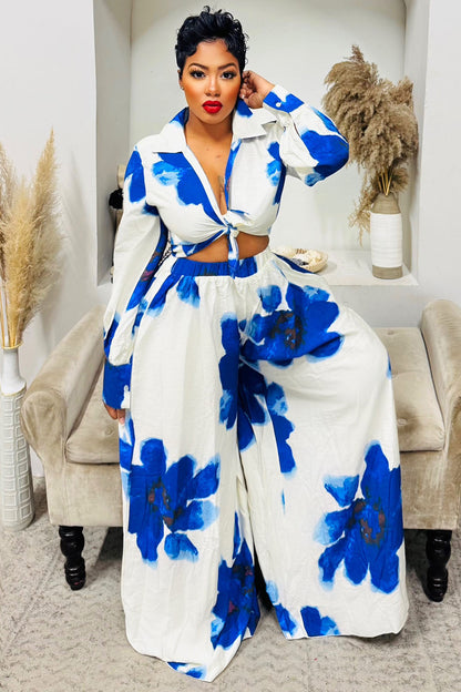 Watercolor Floral Print Blouse Wide Leg Pants 2pcs Set-White [Pre Order]