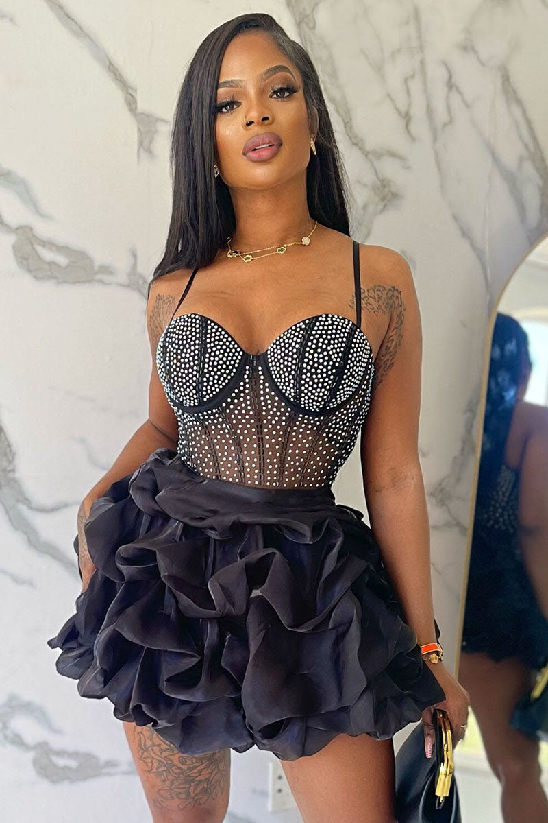 See-Through Bustier Layered Ruffle Party Slip Mini Dresses