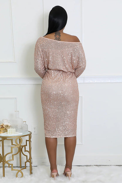 Off Shoulder Skew Neck Long Sleeve Sequin Tie Belt Party Midi Dresses-Beige