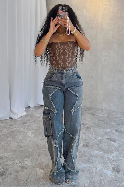 Denim Star Pattern Raw Edge High Waist Straight Leg Jeans-Blue