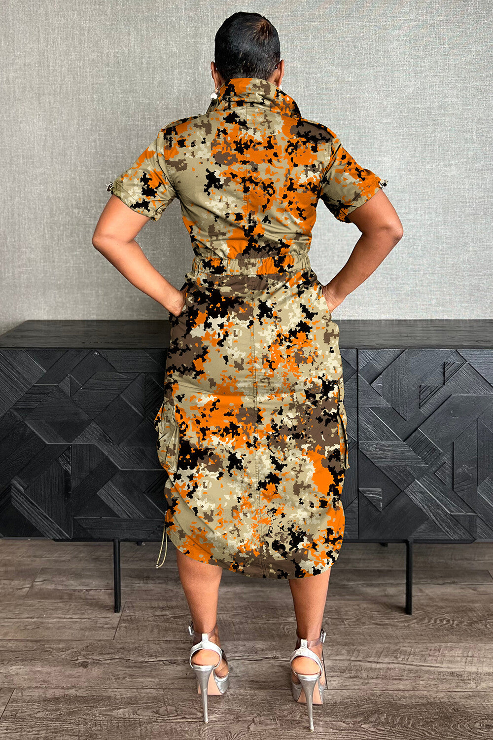 Camo Print Zip-Up Cargo Pocket Ruched Daily Midi Dresses-Khaki [Pre Order]