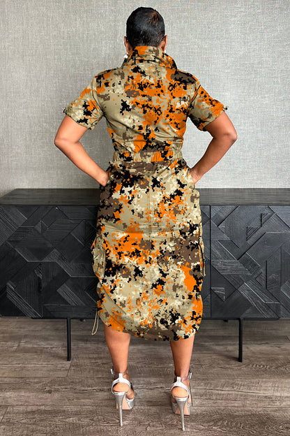 Camo Print Zip-Up Cargo Pocket Ruched Daily Midi Dresses-Khaki [Pre Order]