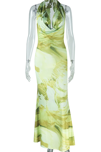 Pattern Print Cowl Neckline Fishtail Hem Halter Maxi Dresses-Yellow