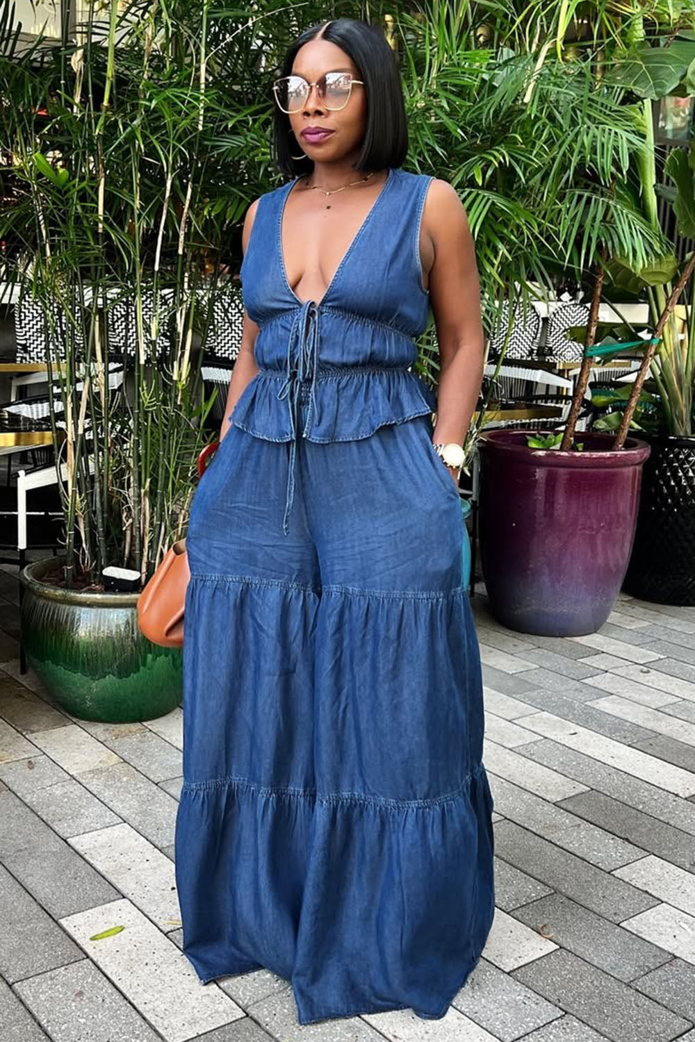 V Neck Peplum Vest Tiered Wide Leg Pants Denim 2pcs Set-Blue [Pre Order]