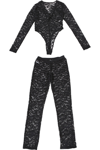 Deep V Neck Long Sleeve Bodysuit Floral Lace Slim Fit Pants 2pcs Set-Blue