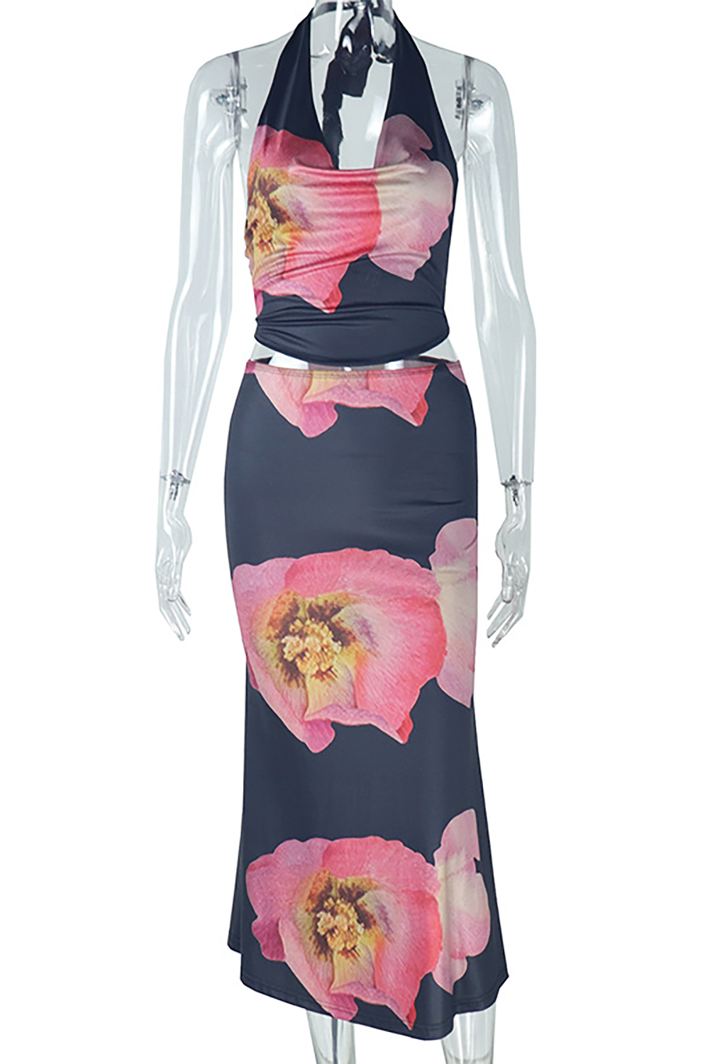 Floral Print Halter Crop Top Bodycon Midi Skirt 2pcs Set-Black