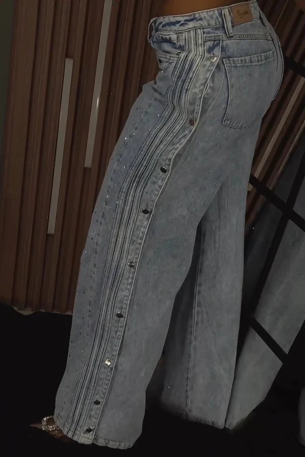 High-Waisted Rhinestone Embellished Side Button Jeans