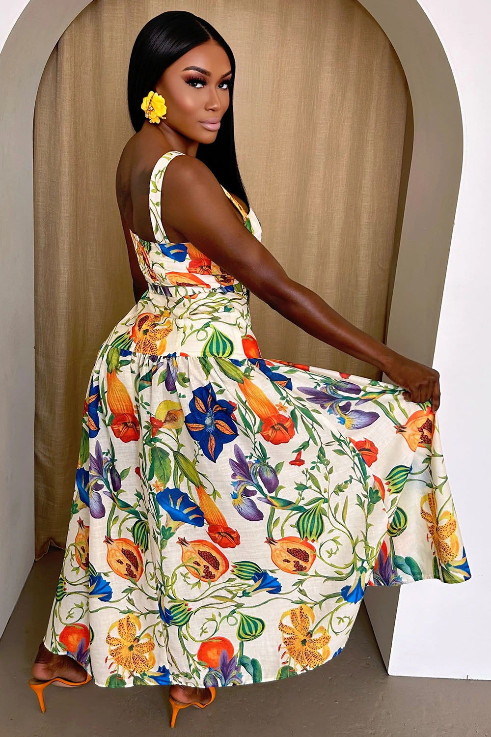 Floral Fruit Print Straps Cinched Vacation Maxi Dresses-Beige [Pre Order]