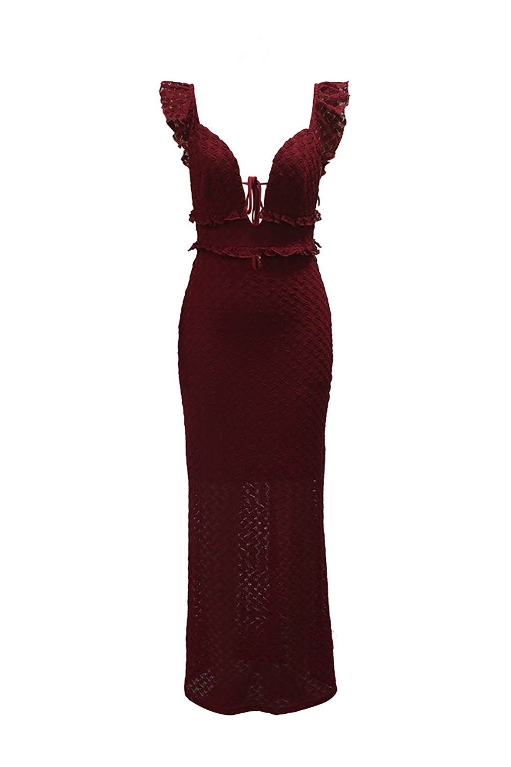 Textured Pattern Deep V Neck Tie Up Backless Ruffled Cami Maxi Dresses-White