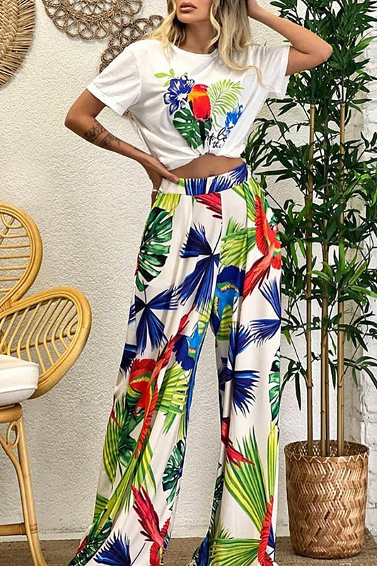 Short Sleeve T-shirt Tropical Print Wide Leg Pants Casual 2pcs Set-Green