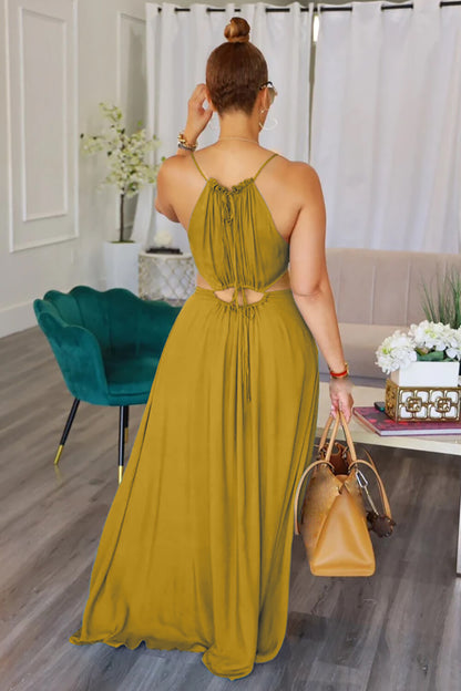 Sleeveless Cutout Solid Color Vacation Slip Maxi Dresses-Green