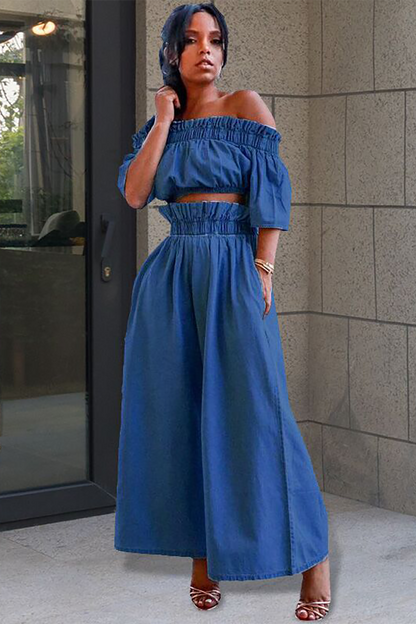 Denim Off Shoulder Half Sleeve Crop Top Elastic Waist Wide Leg Pants Matching Set-Light Blue