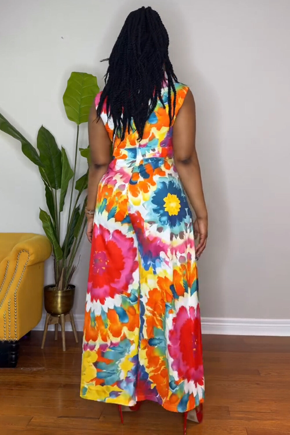 Mock Neck Vest Wide Leg Pants Tie Dye Print 2pcs Set-Multicolor