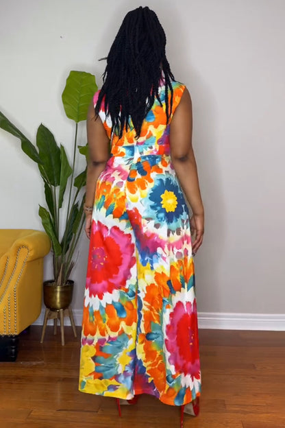 Mock Neck Vest Wide Leg Pants Tie Dye Print 2pcs Set-Multicolor