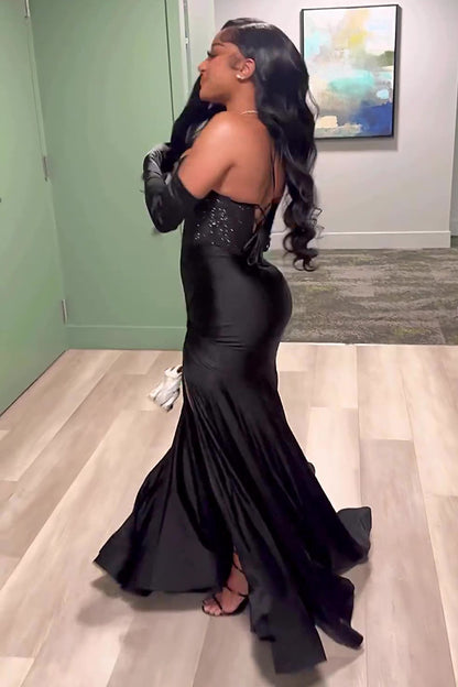 Tiktok Halter Mermaid Hem High Slit Party Corset Maxi Dresses-Black