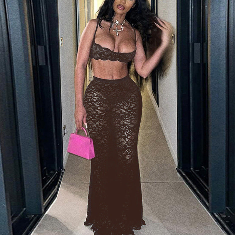Sexy Cutout Sling Top Solid Color High Waist Skirt Lace Two Piece Suit