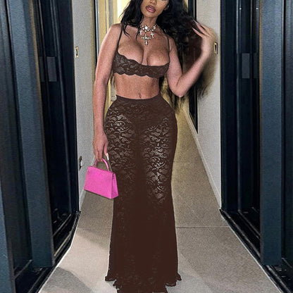 Sexy Cutout Sling Top Solid Color High Waist Skirt Lace Two Piece Suit
