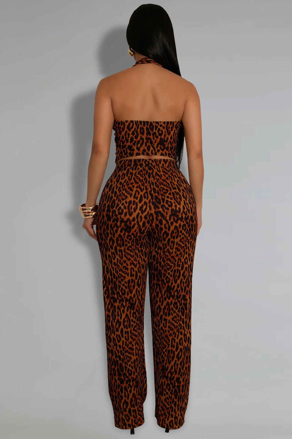 Leopard Print Halter Crop Vest High Waist Straight Leg Pants 2pcs Set-Blue