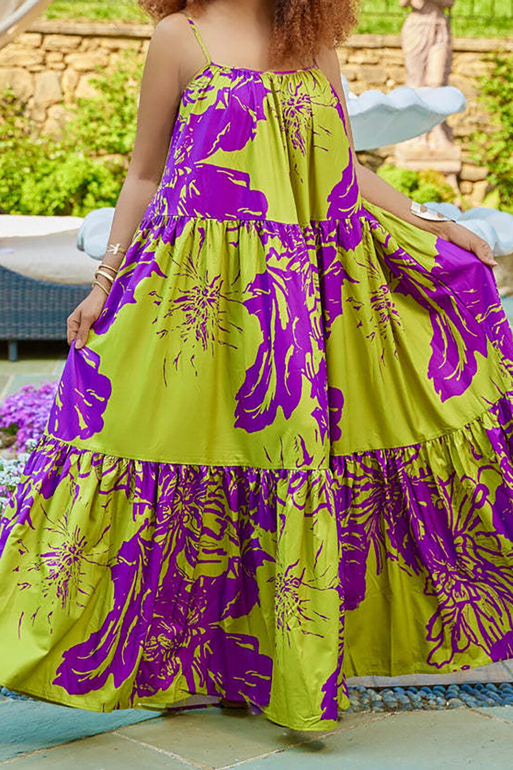 Floral Print Loose Fit Spaghetti Strap Maxi Dresses-Green