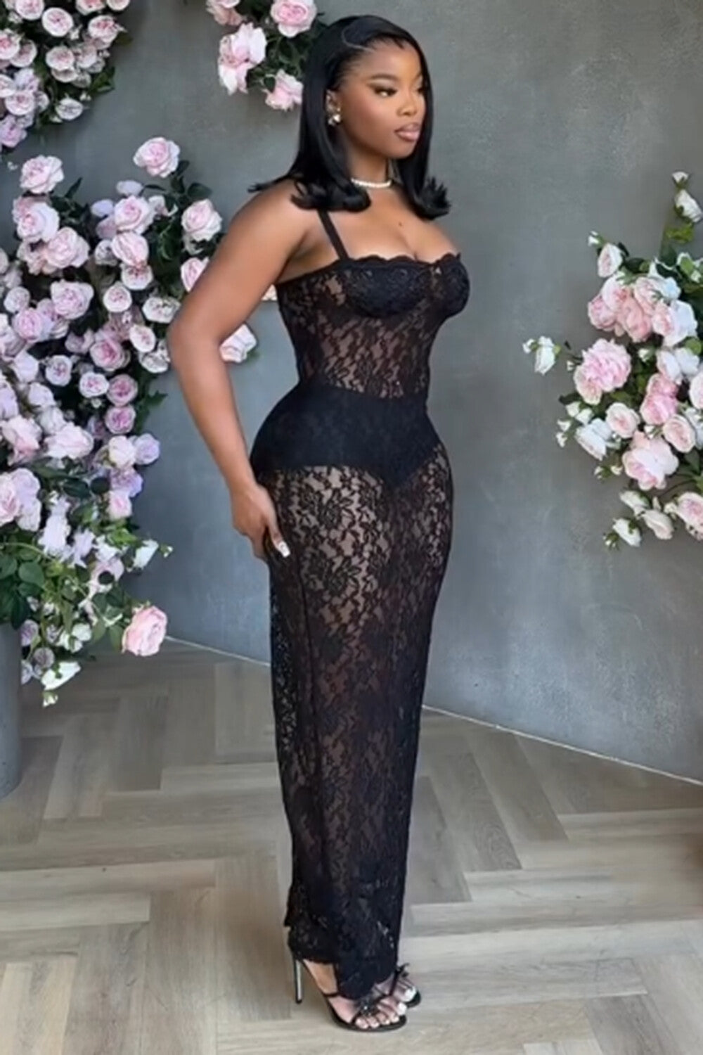 Guipure Lace See-Through Slim-Fit Party Maxi Slip Dresses-Black [Pre Order]