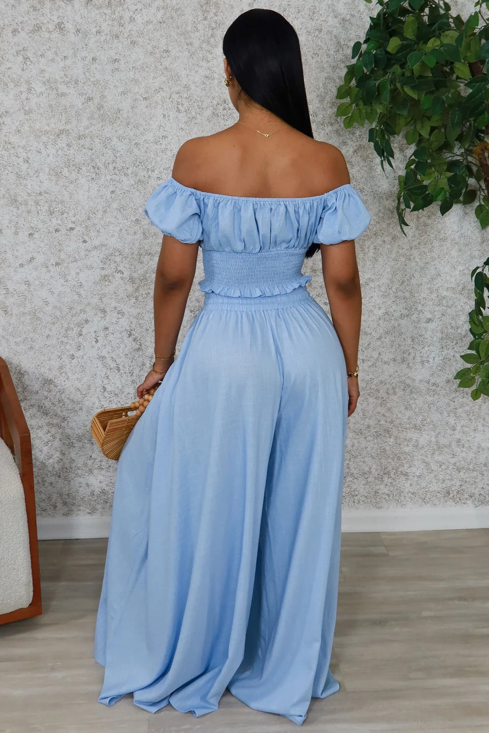 Off Shoulder Puff Sleeve Ruched Top Wide Leg Pants 2pcs Set-Green [Pre Order]