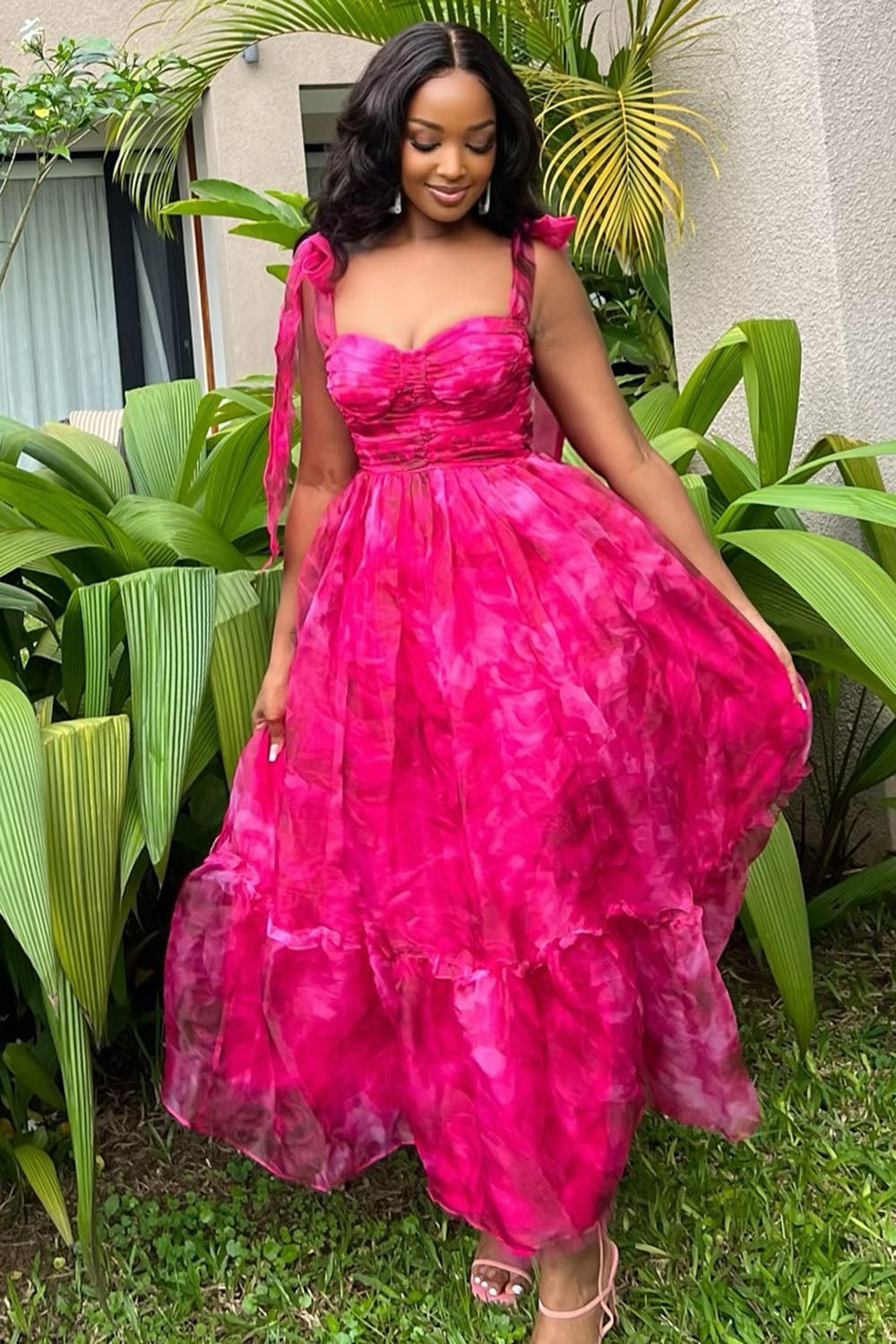 Ribbon Sleeveless Print Mesh Layer Vacation Maxi Dresses-Fuchsia [Pre Order]