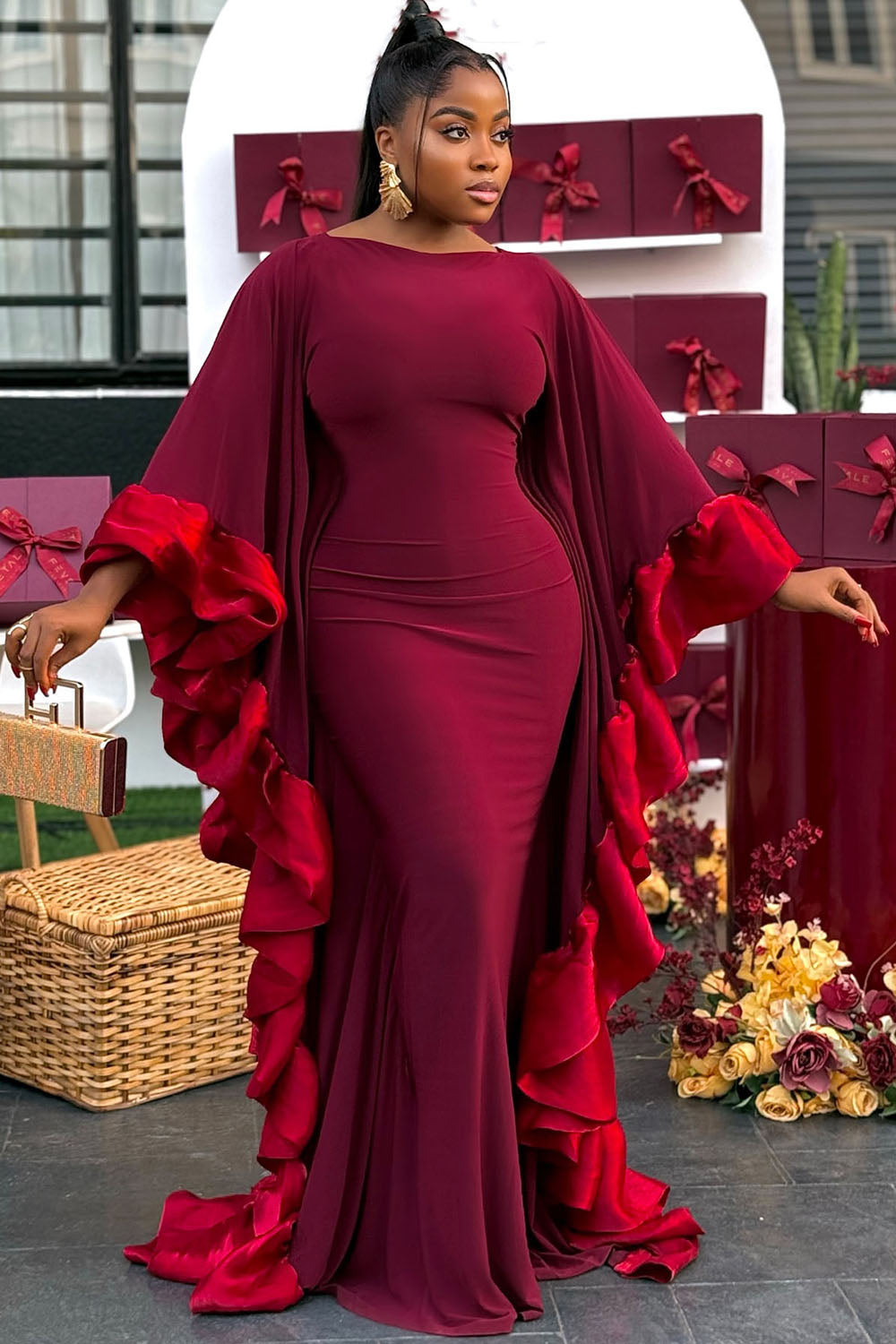 Bat-Wing Patchwork Ruffle Valentine's Party Maxi Dresses-Burgundy [Pre Order]