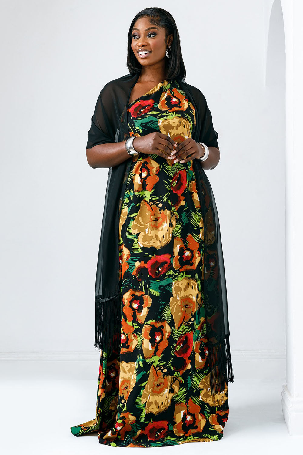 One Shoulder Sleeveless Floral Print Party Maxi Dresses-Black [Pre Order]