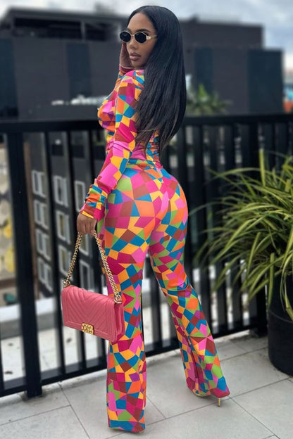 Colorblock Geometric Print Zip-Up Top Pants 2pcs Set-Multicolor [Pre Order]